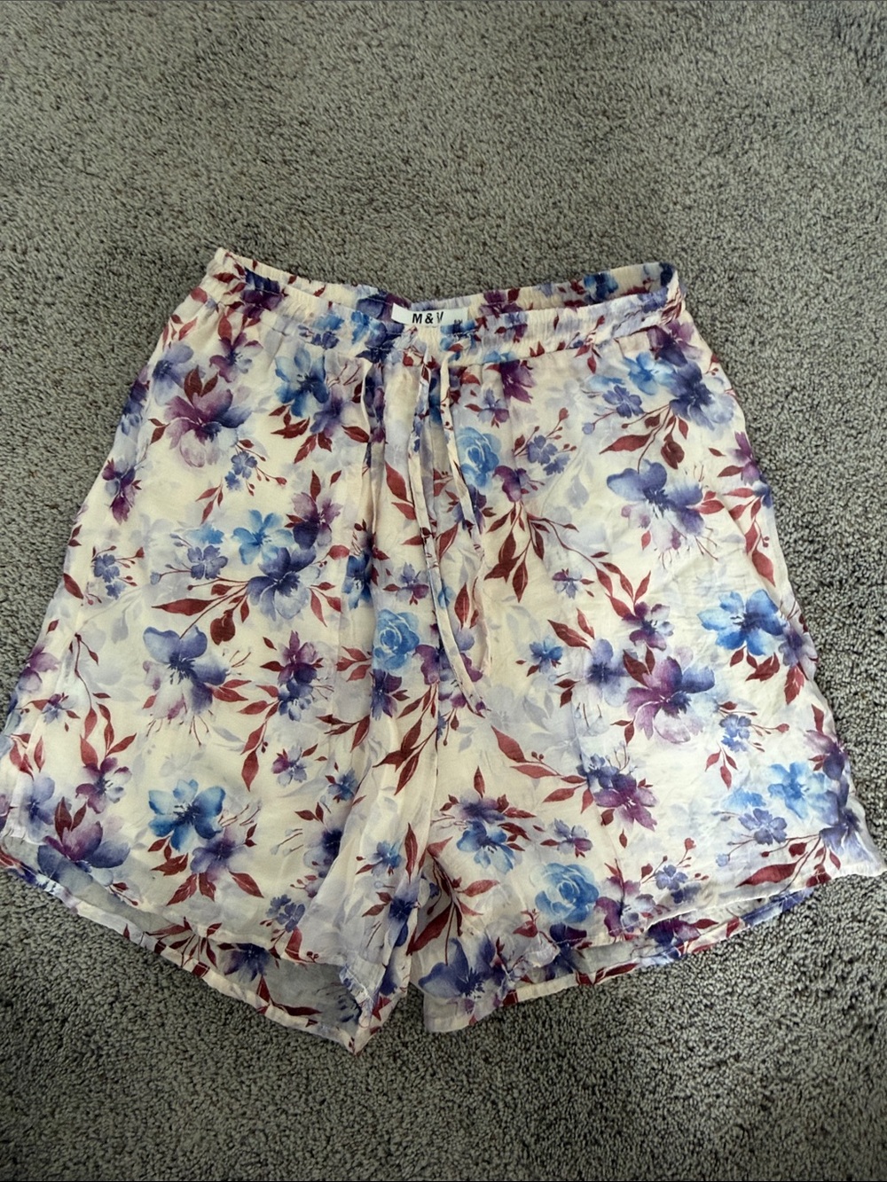 Floral Drawstring Women’s Shorts - Cream with Blue & Purple Blooms